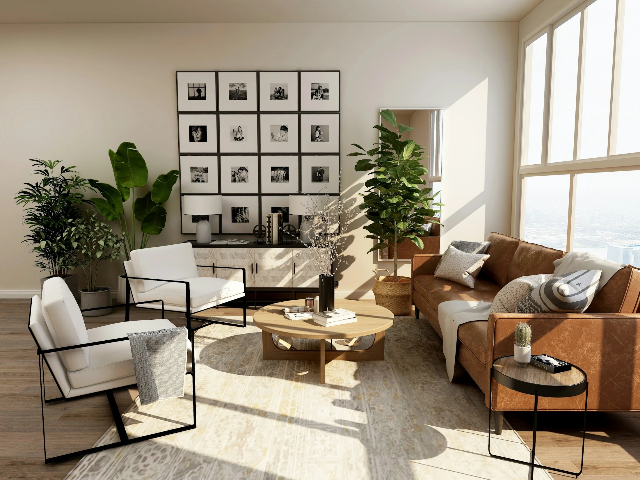 Skyline Suite living area with floor-to-ceiling glazing and soft evening light